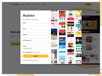 TOPOL io - Register & Login account clean drag and drop email email campaign email marketing email template login microsite modal plugin popup product register responsive responsive website sass user wysiwyg