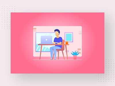 Freelancer - Remote Employee backend boy branding business chair code design develop developer freelancing frontend html illustration laptop office pen tree vector window