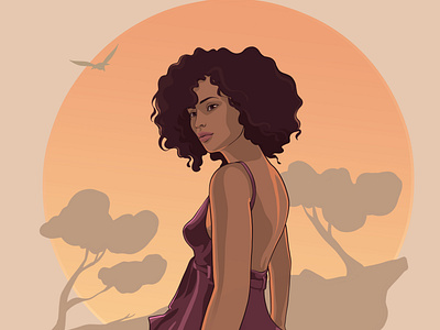 [a special sunset] // ayndre ~ editorial illustration Woman look black woman curly hair editorial illustration fashion illustration gold sunset hispanic woman purple dress sunset tropical