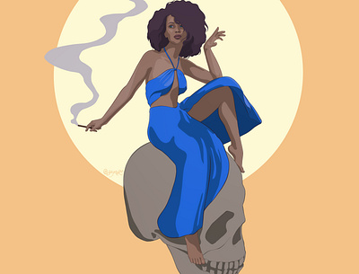 [dead @ sunset] // ayndre ~ editorial illustration black woman blue dress curly hair editorial illustration fashion illustration gold sunset hispanic woman woman smoking woman with skull