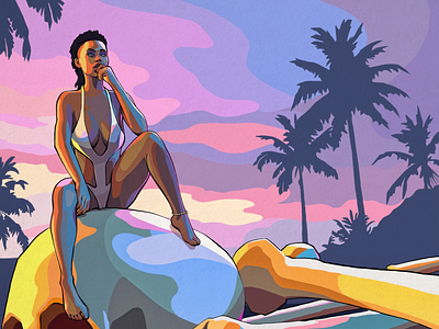 [tropical sunset] // ayndre ~ editorial illustration bikini black woman brown woman editorial illustration fashion illustration purple sunset swimsuit tropical