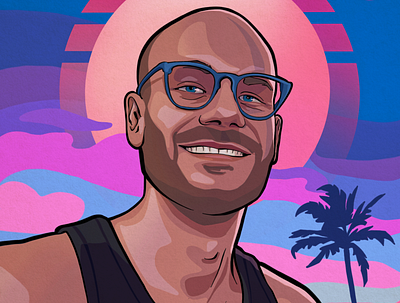 [omar’s portrait] // ayndre ~ synthwave art cyberpunk futuristic man glasses man smiling outrun retrowave sunset synthwave tropical