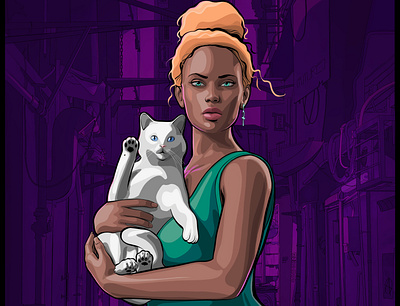 [goodbye kitty] // ayndre ~ cyberpunk art blonde brazilian woman cyberpunk outrun retrowave synthwave white cat woman with cat