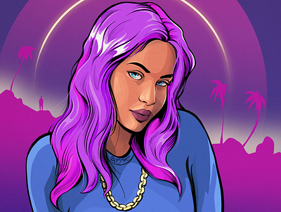 [purple dreams] // ayndre ~ synthwave art cute girl cyberpunk outrun pretty woman purple hair retrowave sunset synthwave tropical