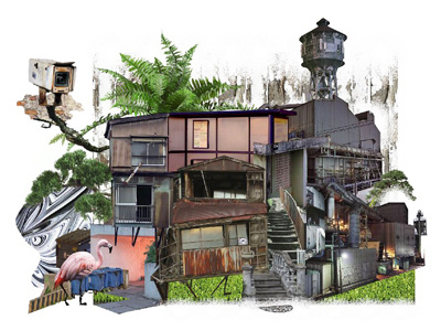 Flamingo Cam building collage digital fern photoshop playground rust urban