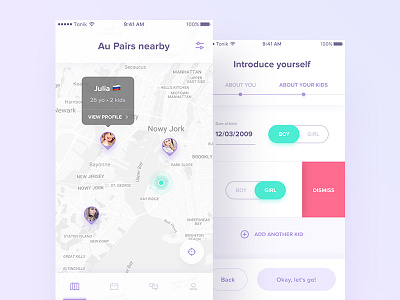 Au Pair App 👩‍👧‍👦 app application clean emoji green interface ios layout map minimal mobile navigation onboarding product profile purple simple tooltip ui ux