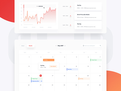 Fitness dashboard — workout & calendar 🏋🏻 analytics app cards charts clean dashboard events fitness health interface minimal product red simple statistics stats timeline ui ux web