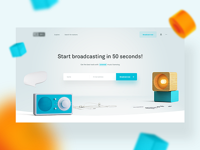 📻 Internet broadcasting (WIP) blue clean form header hero homepage interface landing landing page layout light minimal orange radio simple typography ui ux web website