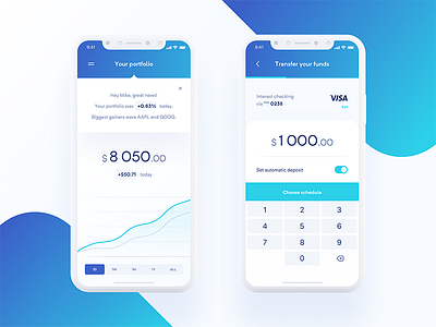Hedge Fund App 💰 — Portfolio & Transfer app application blue chart clean finance financial graph interface ios iphone x layout minimal mobile product simple tonik typography ui ux