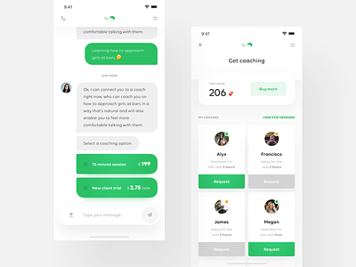 👼🏼 Relationship Coaching App — throwback app application cards chat clean dashboard green interface ios iphone x layout messeges minimal mobile product simple typing typography ui ux