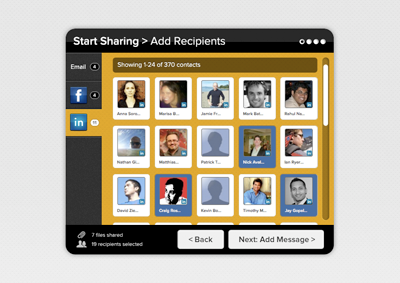 Start Sharing > Add Recipients choose email facebook linkedin multi select share