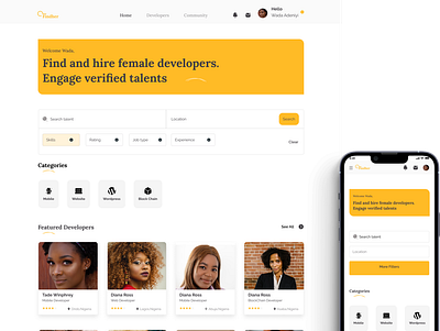 Findher- hire verified female developers graphic design landing page ui web app