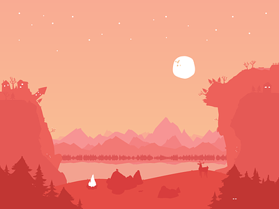 Summer night illustration illustrator lake landscape moon night
