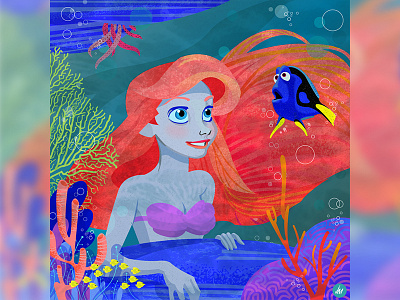 Ariel Meets Dory ariel disney dory finding dory illustration the little mermaid