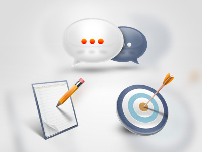 Icons arrow blue bubble chat gray icon notepad orange target testimonials white