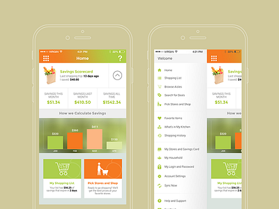 Shopping App Home & Menu Screen app app design flat home ios iphone menu shopping ui ux