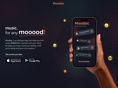 Moodsic Landing Page - AI based app to find music ai app artificial intelligence design desktop entertaiment landing page mobile music ui ux