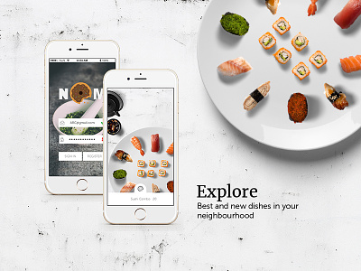 Nom app brand identity food fresh minimalism mobile modern restaurants ui ux visual design