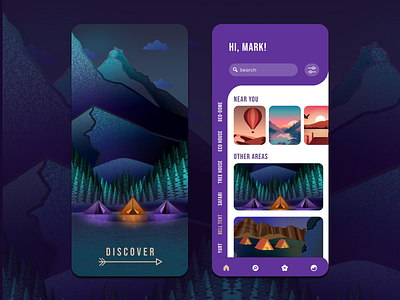 Mobile app for glamping adventure app booking camping glamping illustration mobile tent ui ux vector
