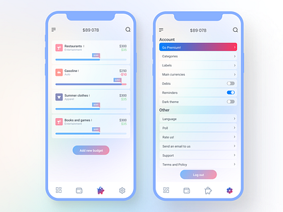 Budget and settings screens for financial app app budget design finance financial insurance mobile settings ui ux