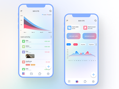 Home and wallets screens for financial app