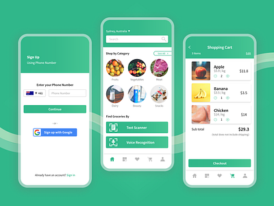 Grocery Shopping App adobe illustrator adobe xd app case study delivery design figma gradient green grocery icons illustration shopping typography ui user experience user interface ux