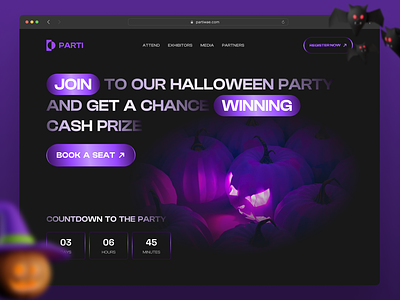 PARTI - Halloween Party Landing Page 3d illustration dark landing page dark mode event landing page halloween halloween 2022 halloween 3d halloween costume halloween decor halloween design halloween horror nights halloween landing page halloween party halloween season halloween vibes happy halloween horror landing page design nights web design
