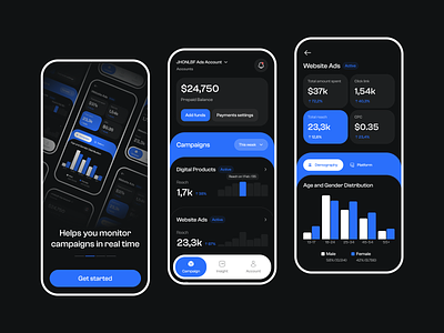 Ads Manager - Marketing Mobile Apps ads ads manager app design campaign campaign manager chart dashboard graph manage marketing marketing apps mobile apps mobile ui monitoring onboarding saas software as a service statistics ui