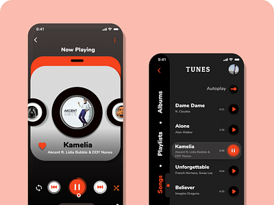 Tunes App appdesign dark theme design musicplayer typography ui design uxui wireframe