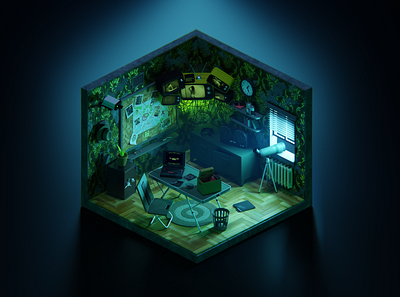 Night Watcher Shelter 3d animation blender diorama gamedev illustration light night render spy