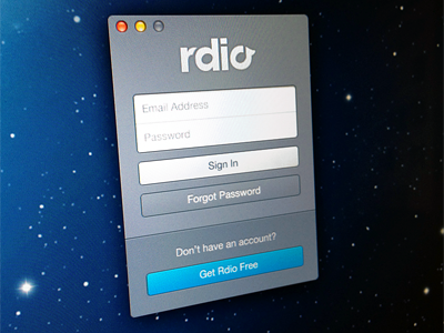 New Rdio sign in window