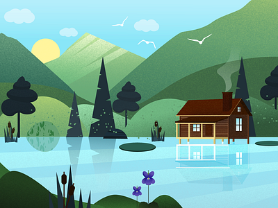 spring landscape flat house illustration lake mountains nature spring