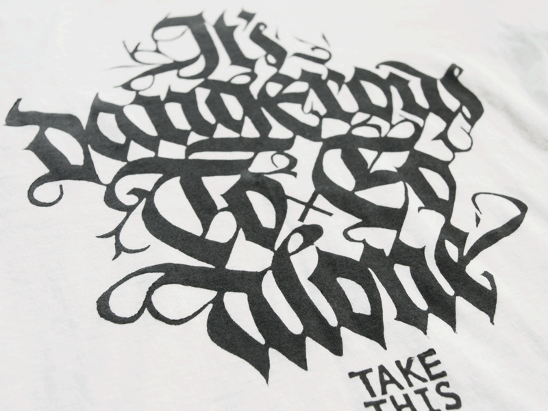 It's dangerous to go alone, take this: Tshirt blackletter calligraffiti calligraphy fraktur lettering linocut print quotation sword tshirt tshirt design