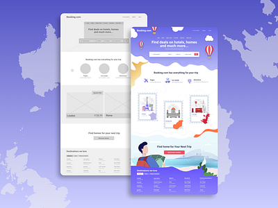 Redesign of the Booking landing page booking home page home page design home screen homepage homepage design landing landing design landing page landing page design landingpage purple redesign travel traveling uiux web wireframe