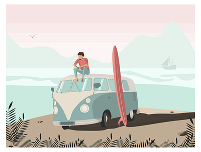 a man sits on the roof of a retro car art background banner beach blue board california car cartoon day design flat fun graphic happy holiday illustration island landscape man