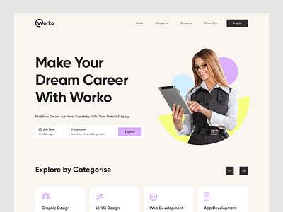 Worko - Job Finder Landing Page 3d animation best dribbble short branding freebie graphic design job finder job portal job seeker job site landing page design logo motion graphics popular product design tranding ui ui design web design