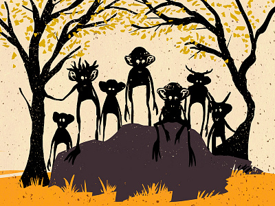Forest folk illustration linocut silhouette simple
