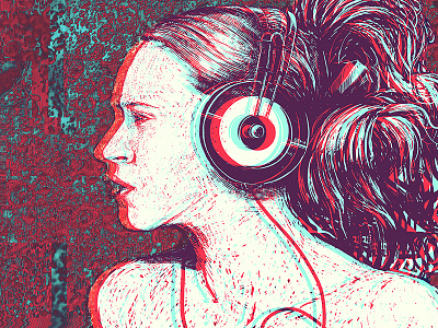 Woman with headphones animated digital art gif glitch art illustration