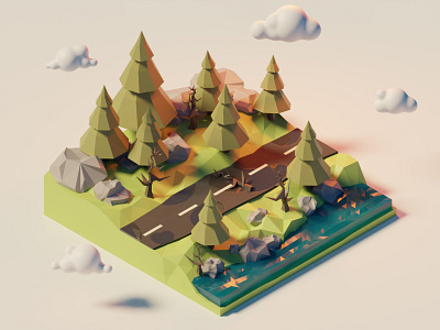 3D Low poly road after rain