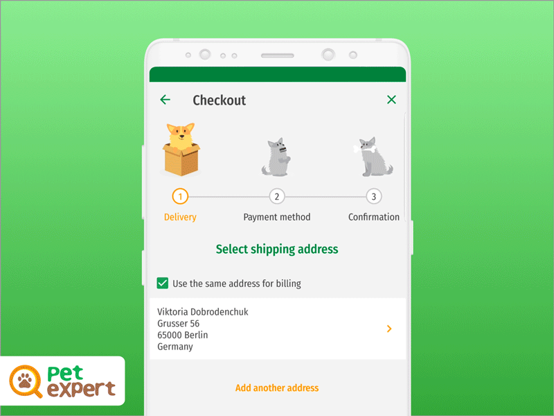 Cute checkout steps design in Pet's Expert animation app checkout checkout page checkout process dog dogs e commerce interaction steps ui