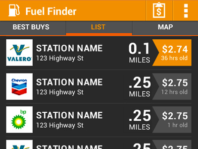 Fuel Finder for Android : List View android app holo mobile ui