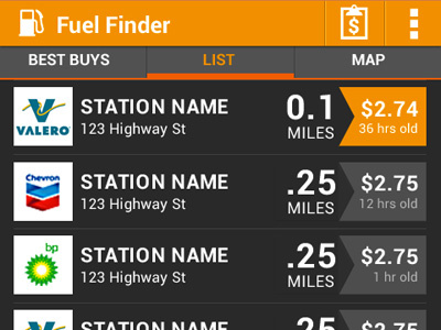 Fuel Finder for Android : List View android app holo mobile ui