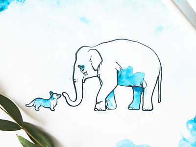 L & J corgi dog elephant illustration watercolor wedding