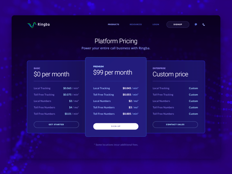 Pricing Page Design for a New Global Telecommunications Platform blue business clean communication dark futuristic innovative interface landing modern pricing product satellite space sphere telecom telecommunication ui ux zajno