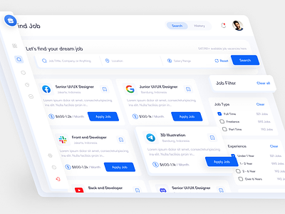 Job Finder Dashboard blue clean dashboard design desktop find find job finder freelance fulltime job layout modern simple ui uiux ux web white work