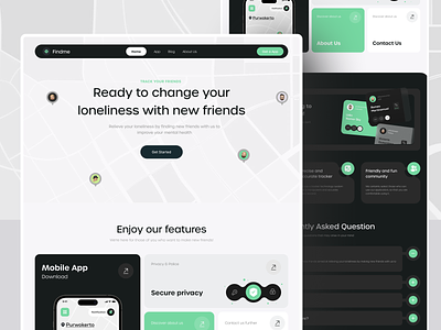 Findme - Firend Tracking Landing Page clean design friend green interface landing page layout make a friend maps modern popular rounded simple tracker tracking ui uiux ux web website