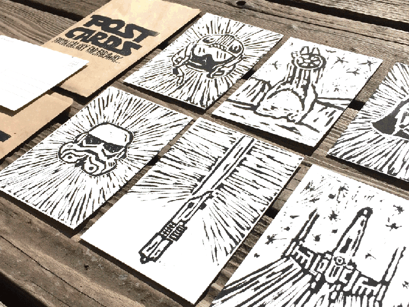 Postcards from a galaxy far, far away... block printing creative south design illustration linocut postcards