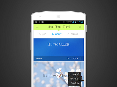 Freebie: Photo Feed Screen android app feed free icons ios menu photo popup psd