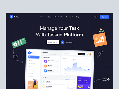 Taskco | Landing Page branding clean creative daily-ui dashboard design download figma identity landing page minimal product design task manager ui ux web design xd