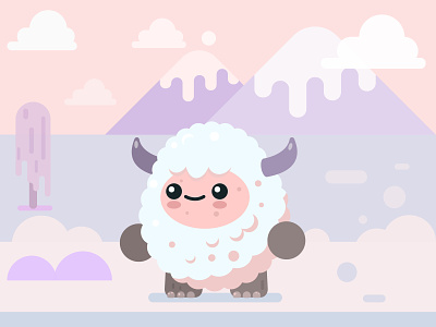 Cute Yeti in Ice World blue cartoon character cloud cold cute design flat game ice illustration mountains pink red snow tree vector winter world yeti
